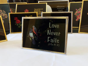 Christian Glass Message Plaque - Love Never Fails (1 Cor 13:8)
